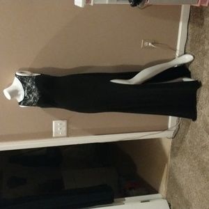 Xscape Long Black Gown with Lacy neckline and low back